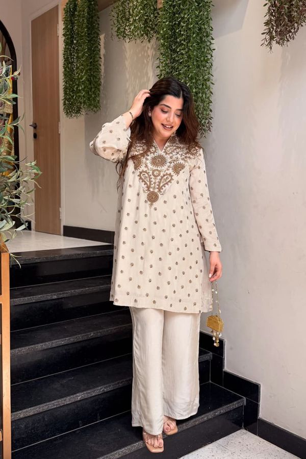 ALFA Ivory French Crepe Embroidered Kurta Pant Set for Women