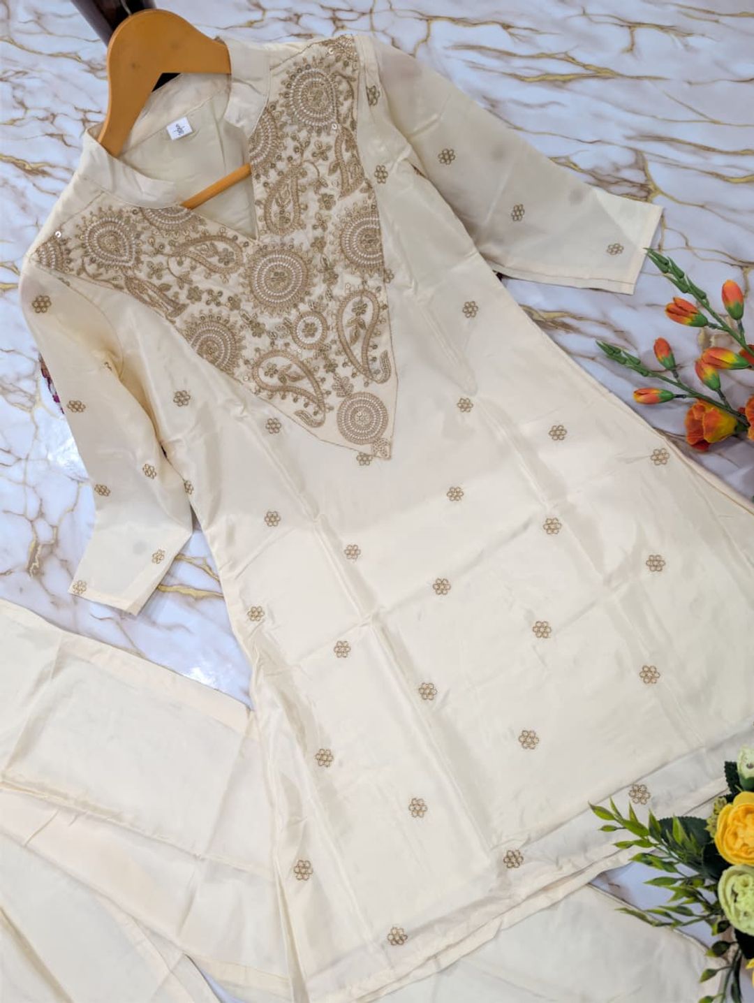 ALFA Ivory French Crepe Embroidered Kurta Pant Set for Women