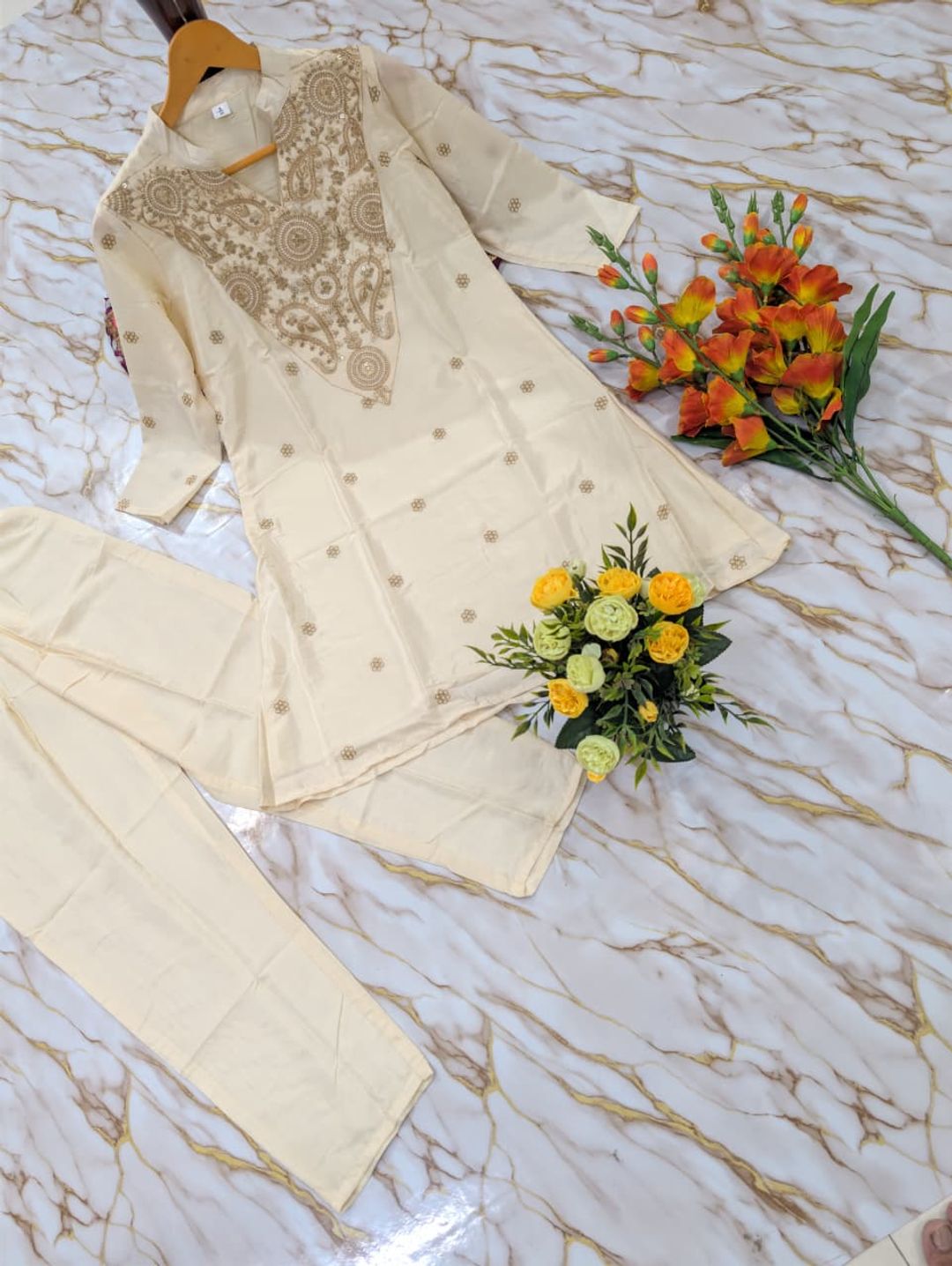 ALFA Ivory French Crepe Embroidered Kurta Pant Set for Women
