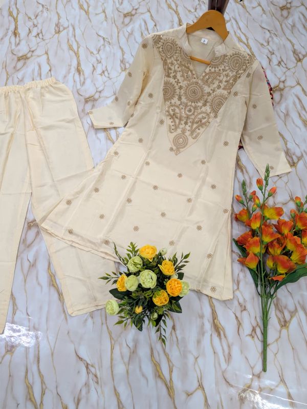 ALFA Ivory French Crepe Embroidered Kurta Pant Set for Women