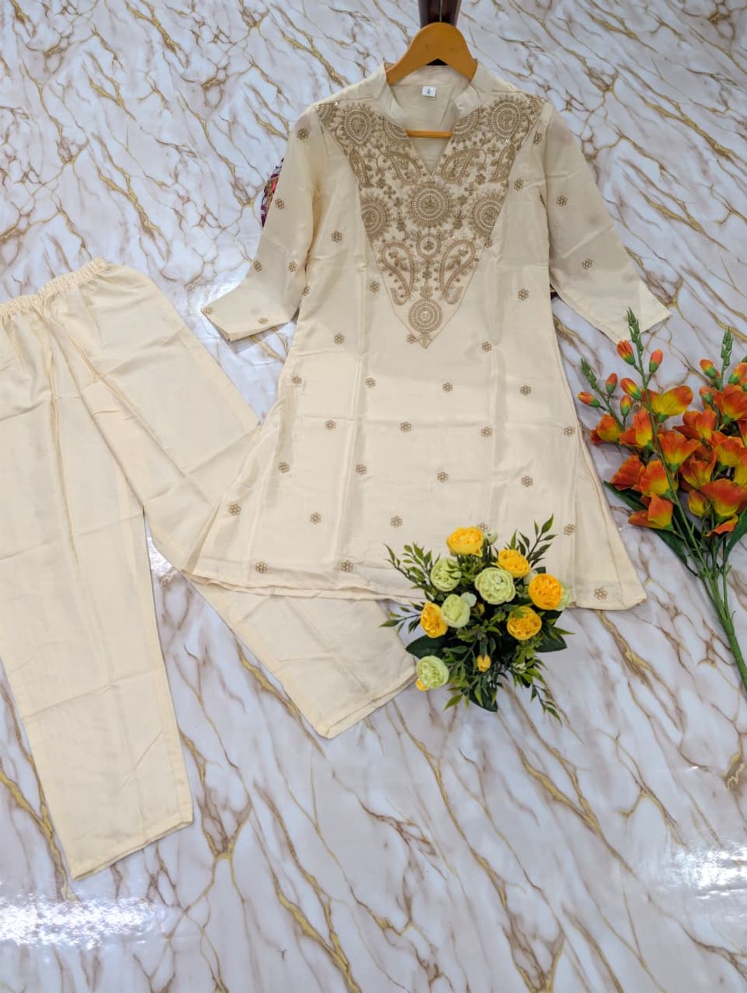 ALFA Ivory French Crepe Embroidered Kurta Pant Set for Women