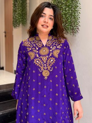 ALFA Royal Purple French Crepe Embroidered Kurta Pant Set