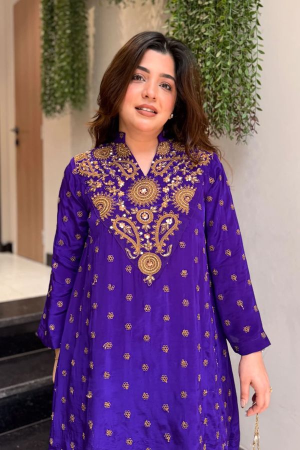 ALFA Royal Purple French Crepe Embroidered Kurta Pant Set