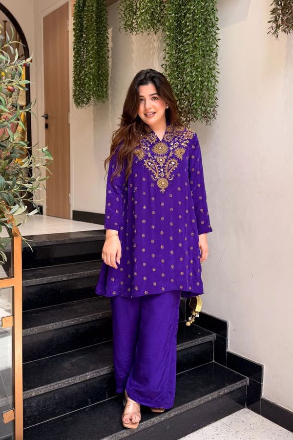 ALFA Royal Purple French Crepe Embroidered Kurta Pant Set