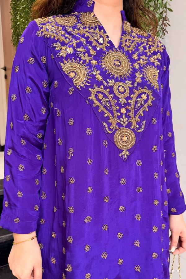 ALFA Royal Purple French Crepe Embroidered Kurta Pant Set