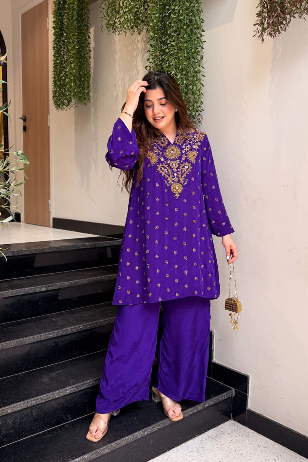 ALFA Royal Purple French Crepe Embroidered Kurta Pant Set