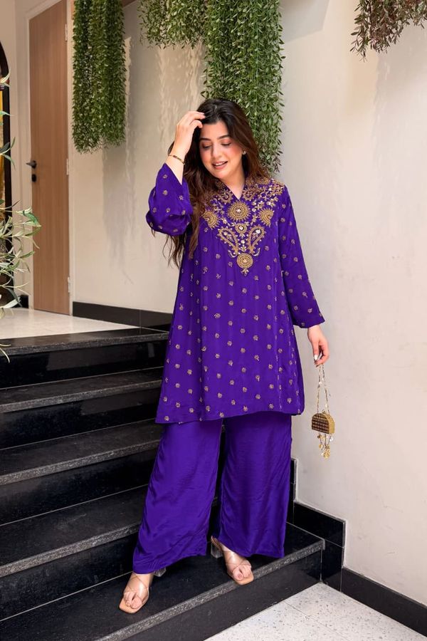 ALFA Royal Purple French Crepe Embroidered Kurta Pant Set