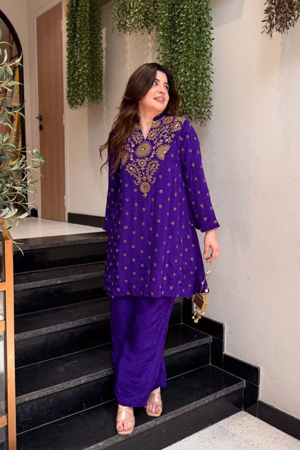 ALFA Royal Purple French Crepe Embroidered Kurta Pant Set