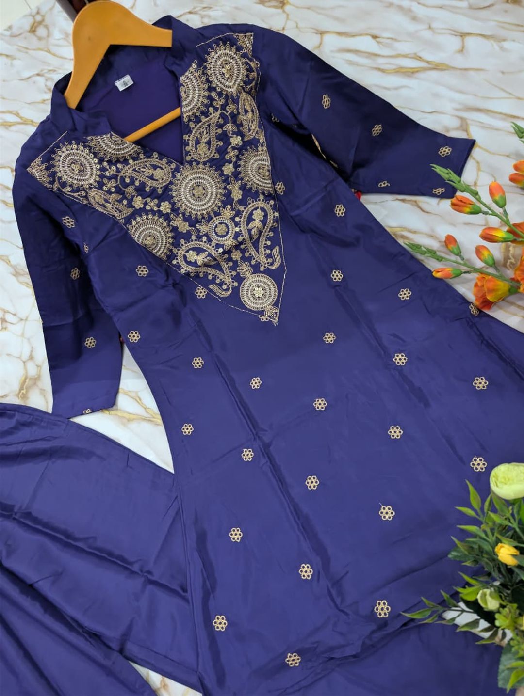 ALFA Royal Purple French Crepe Embroidered Kurta Pant Set