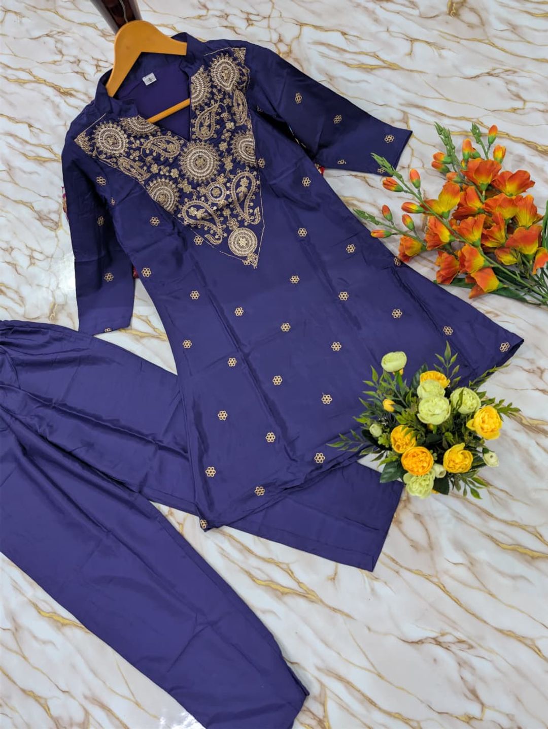 ALFA Royal Purple French Crepe Embroidered Kurta Pant Set