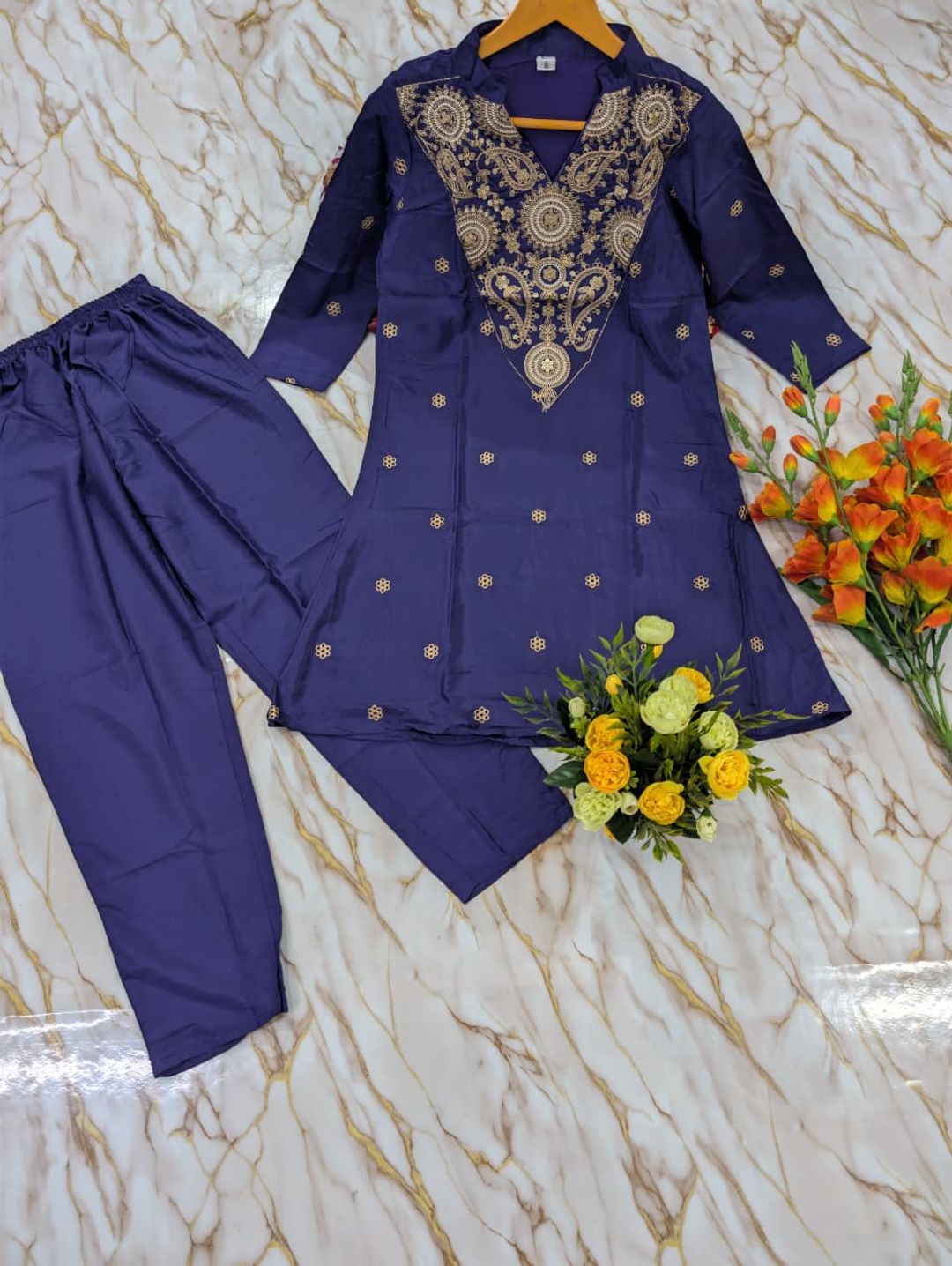 ALFA Royal Purple French Crepe Embroidered Kurta Pant Set