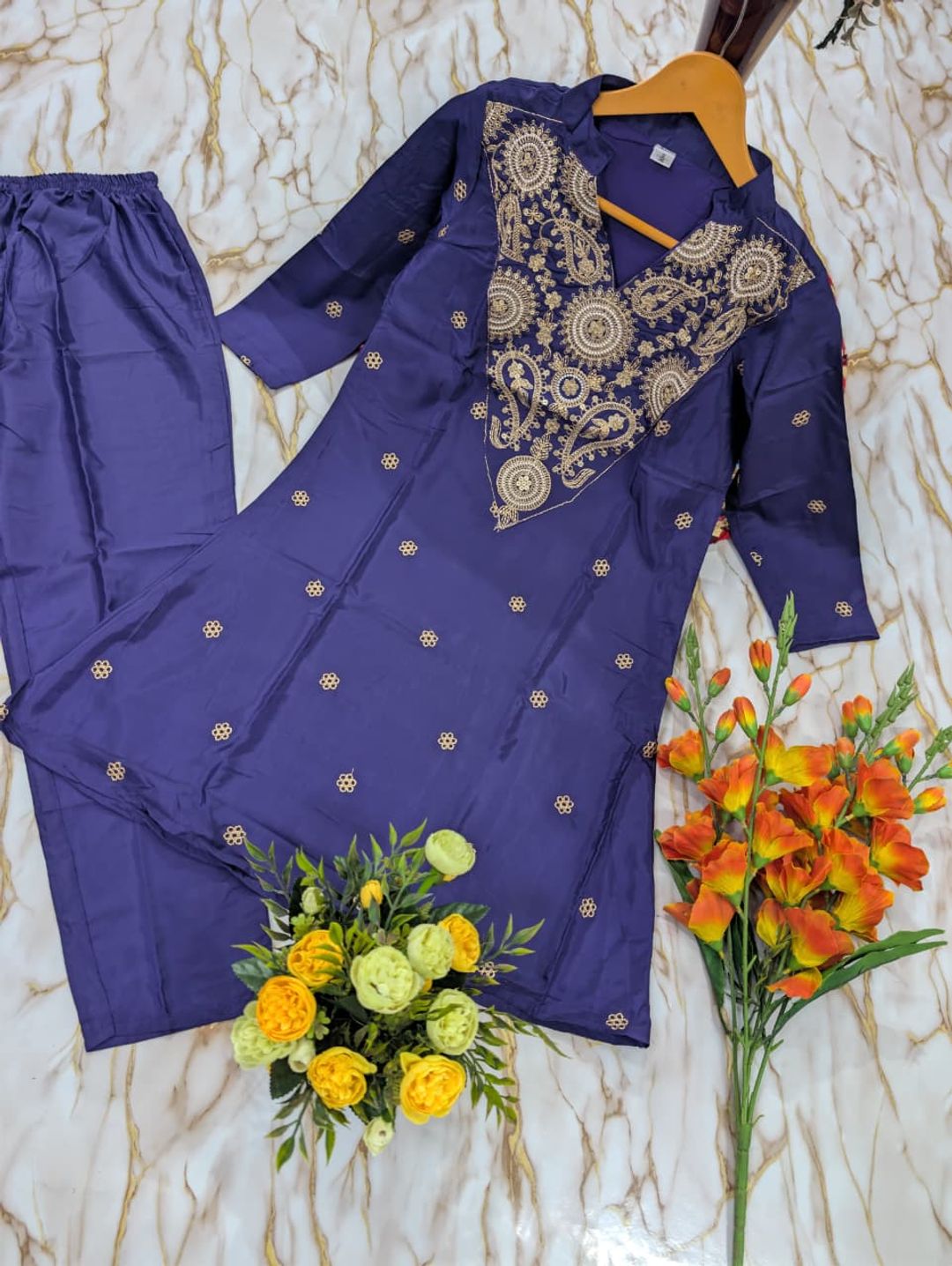 ALFA Royal Purple French Crepe Embroidered Kurta Pant Set