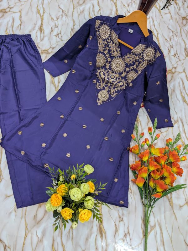 ALFA Royal Purple French Crepe Embroidered Kurta Pant Set