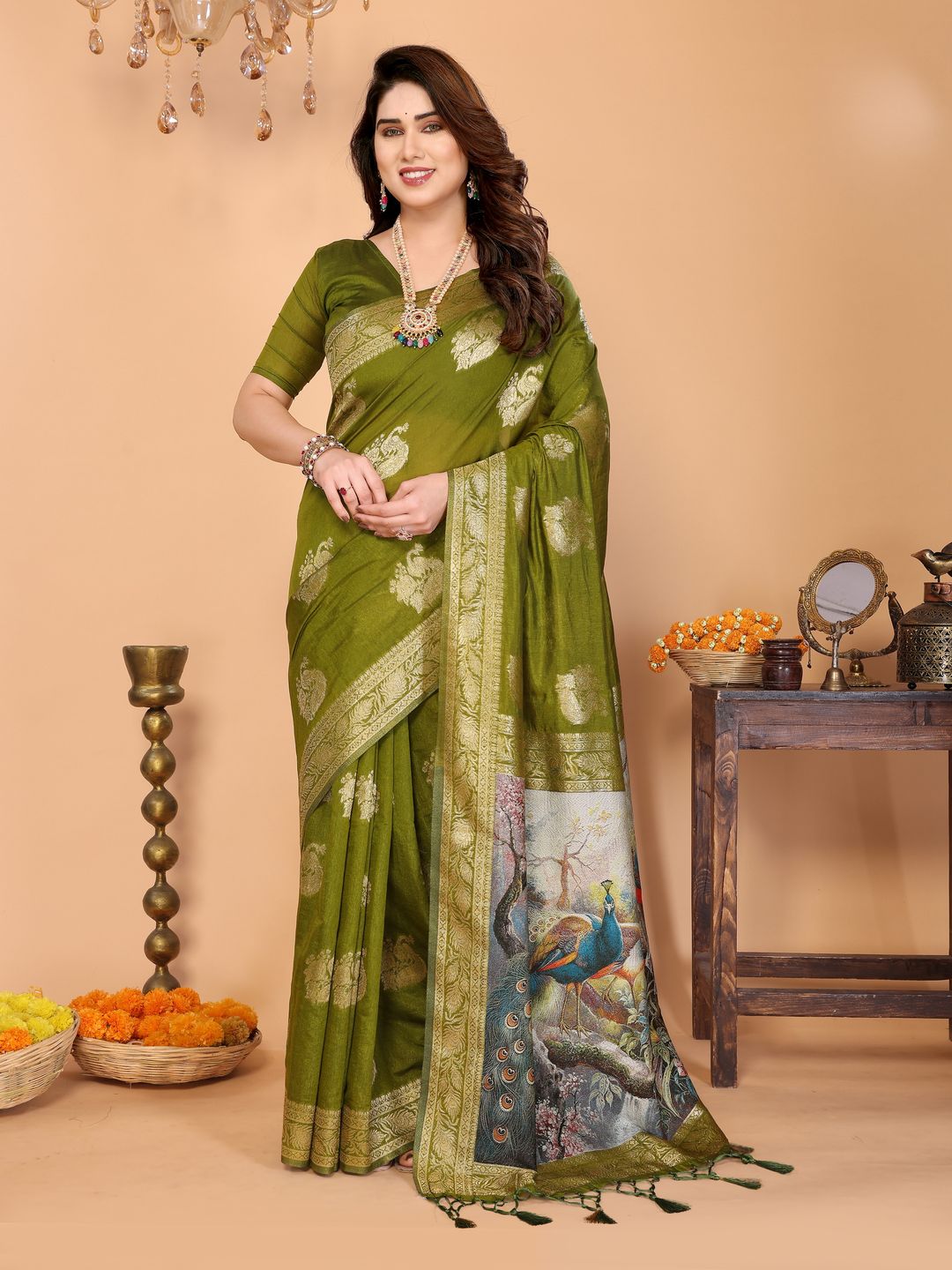 Olive Green Banarasi Silk Saree with Peacock Print Pallu