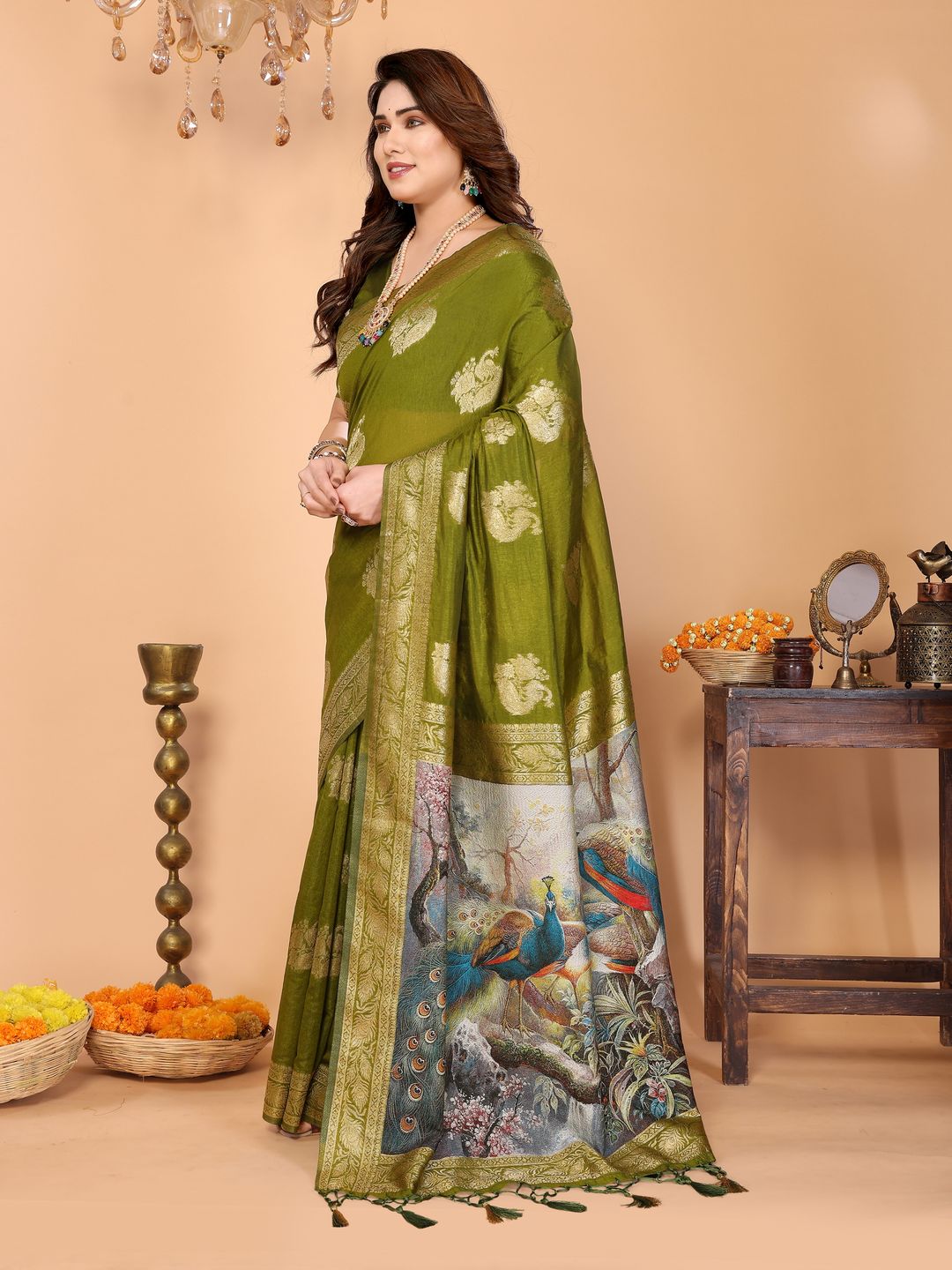 Olive Green Banarasi Silk Saree with Peacock Print Pallu