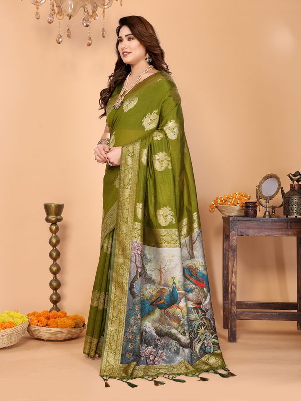 Olive Green Banarasi Silk Saree with Peacock Print Pallu
