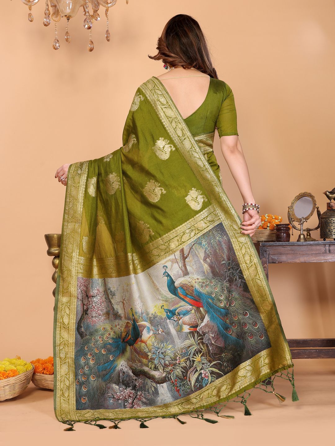 Olive Green Banarasi Silk Saree with Peacock Print Pallu