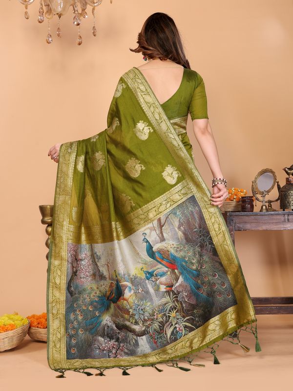Olive Green Banarasi Silk Saree with Peacock Print Pallu