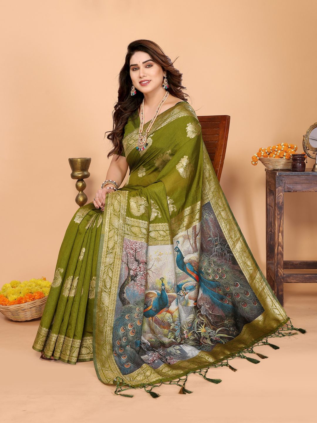 Olive Green Banarasi Silk Saree with Peacock Print Pallu