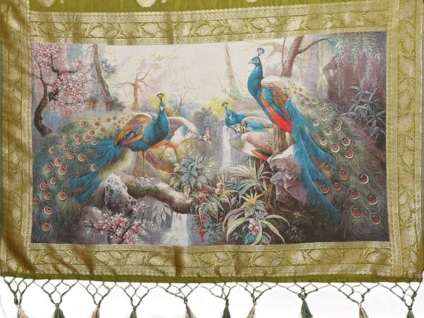 Olive Green Banarasi Silk Saree with Peacock Print Pallu