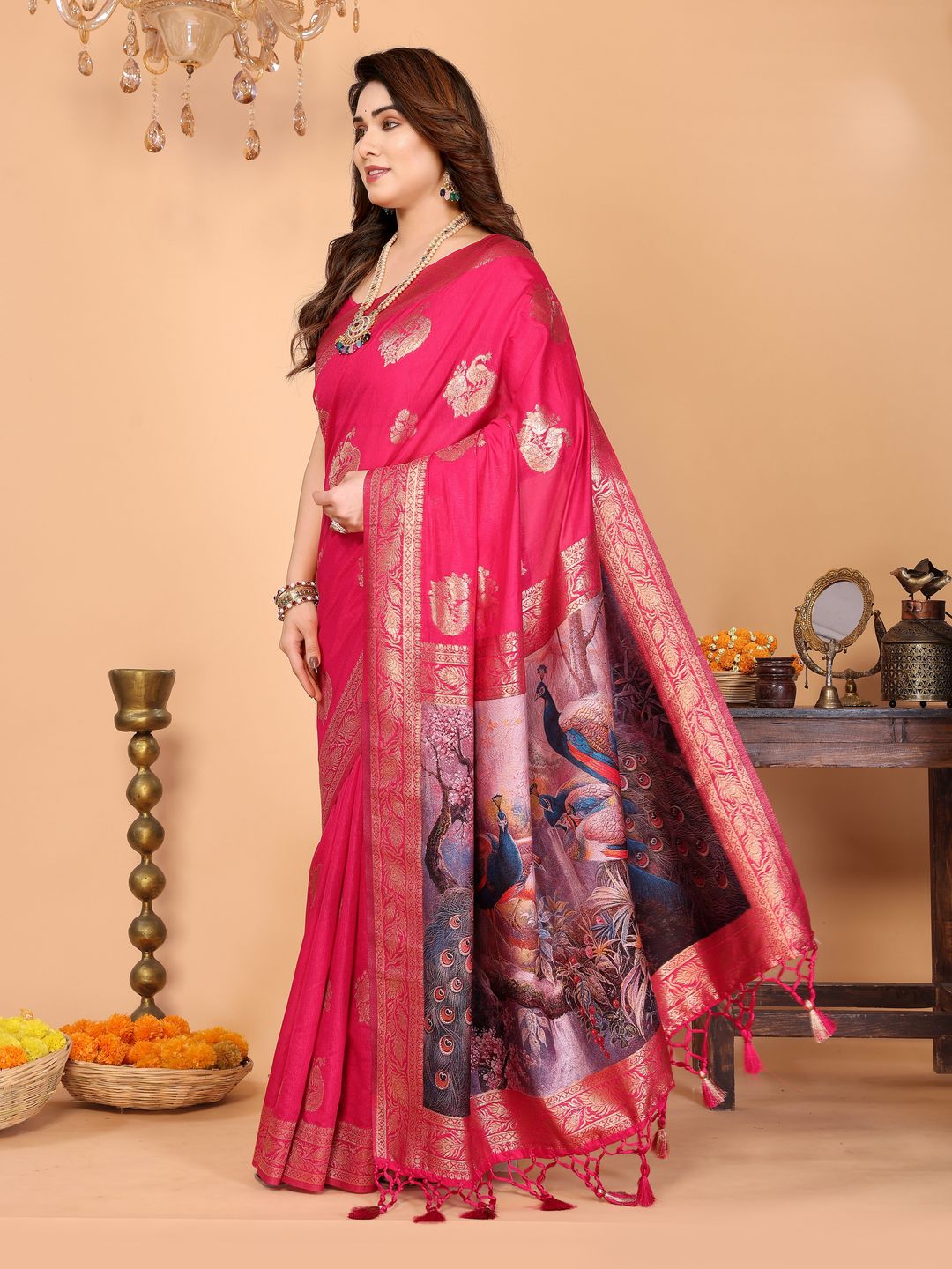 Pink Peacock Pallu Banarasi Silk Saree Online