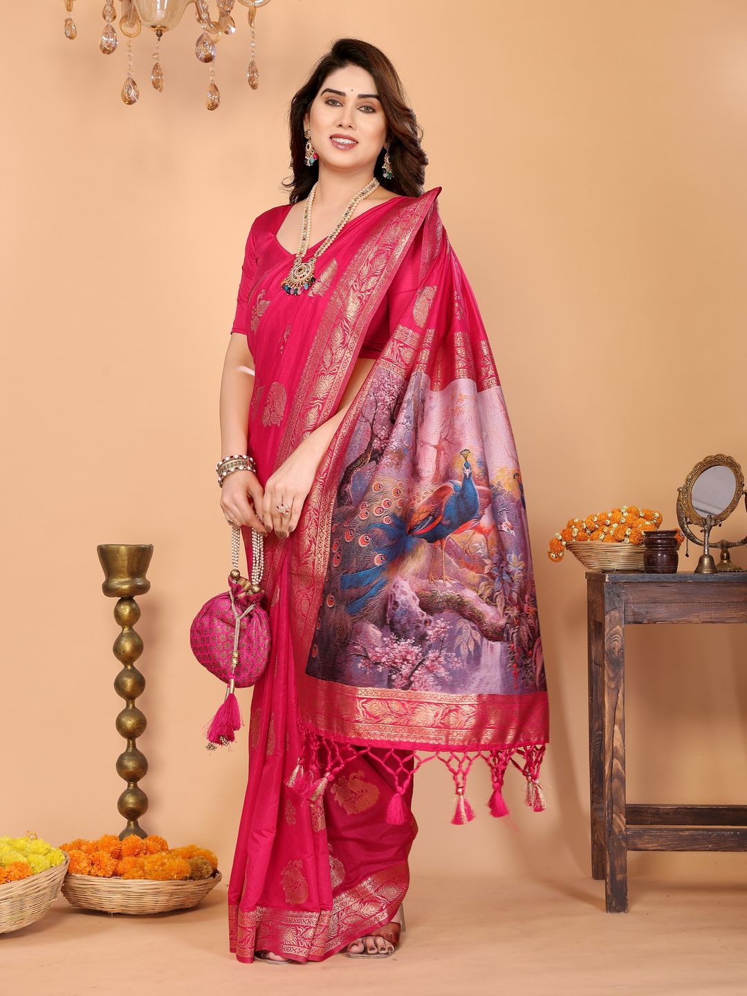 Pink Peacock Pallu Banarasi Silk Saree Online