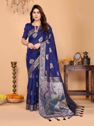Royal Blue Banarasi Silk Saree with Golden Zari Paisley & Peacock Pallu