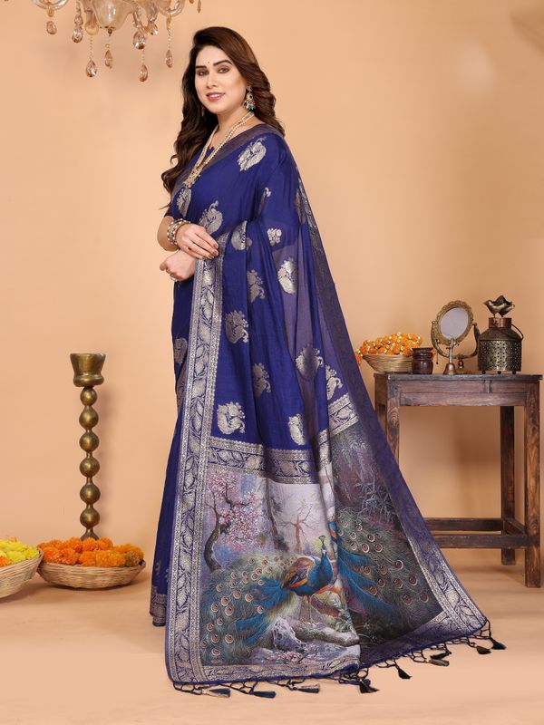 Royal Blue Banarasi Silk Saree with Golden Zari Paisley & Peacock Pallu