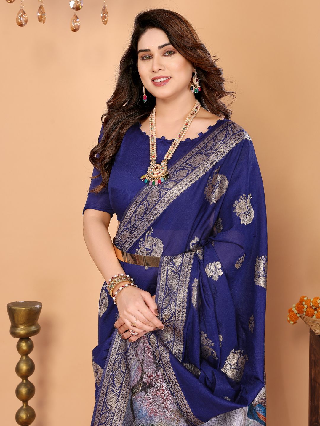 Royal Blue Banarasi Silk Saree with Golden Zari Paisley & Peacock Pallu