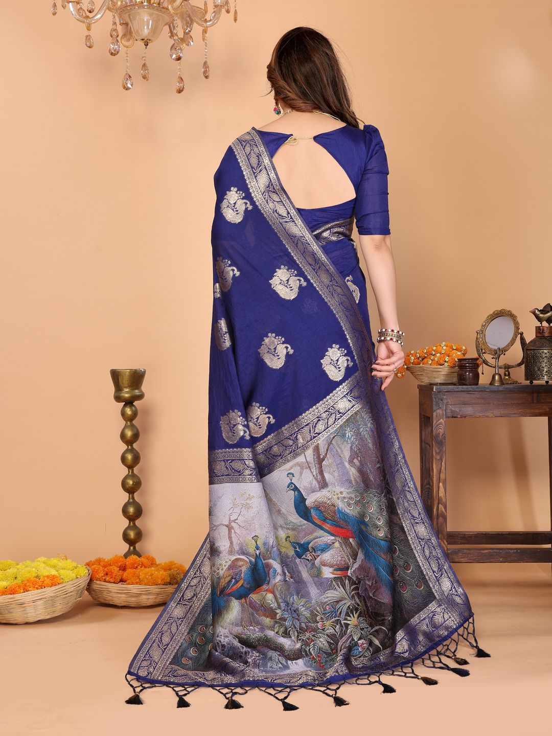 Royal Blue Banarasi Silk Saree with Golden Zari Paisley & Peacock Pallu