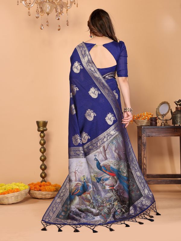 Royal Blue Banarasi Silk Saree with Golden Zari Paisley & Peacock Pallu