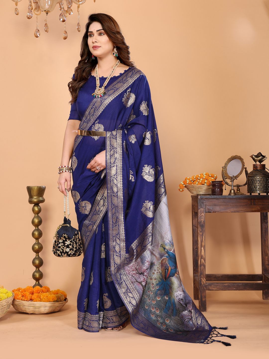 Royal Blue Banarasi Silk Saree with Golden Zari Paisley & Peacock Pallu