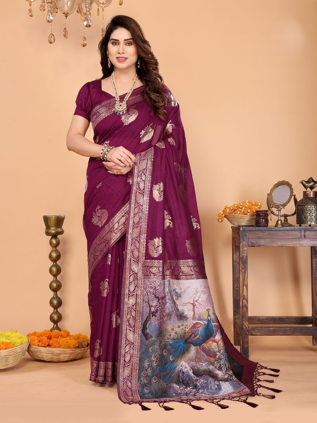 Wine Purple Banarasi Silk Saree with Golden Zari Peacock Pallu
