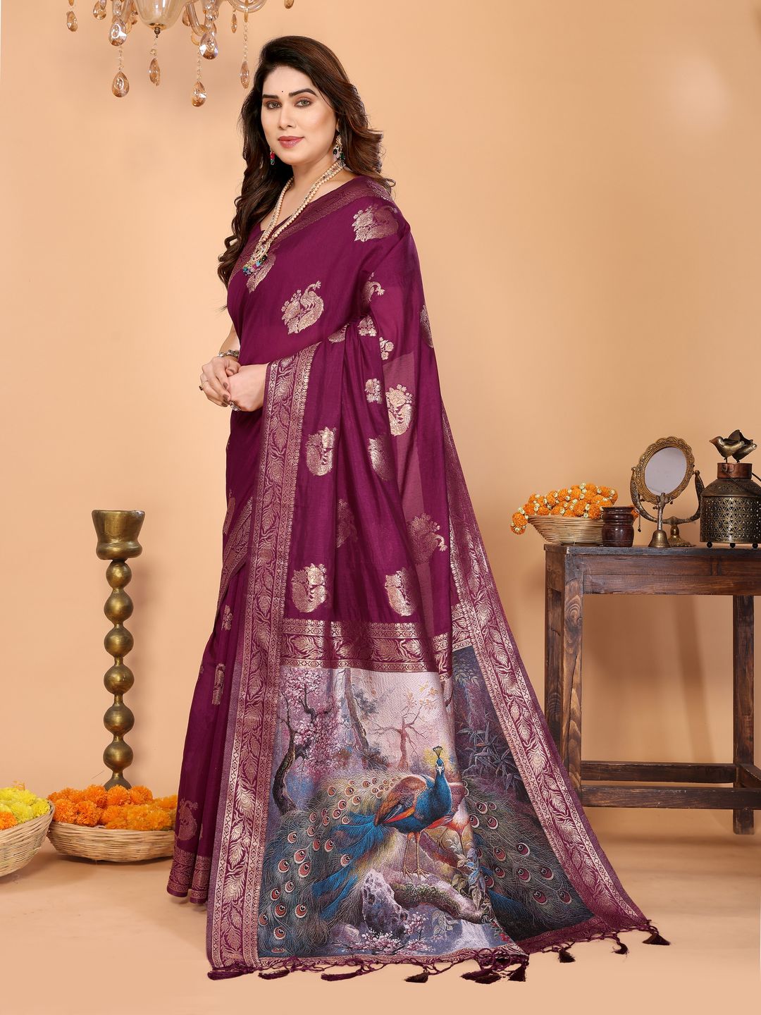 Wine Purple Banarasi Silk Saree with Golden Zari Peacock Pallu