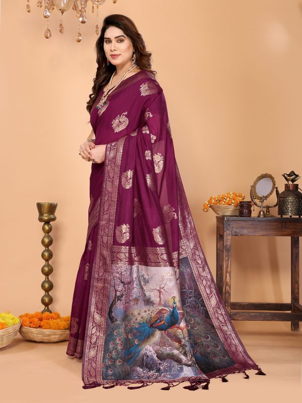 Wine Purple Banarasi Silk Saree with Golden Zari Peacock Pallu