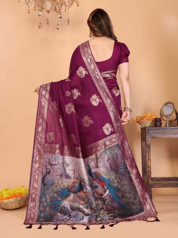 Wine Purple Banarasi Silk Saree with Golden Zari Peacock Pallu
