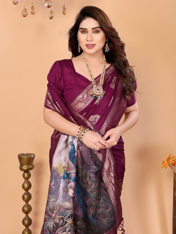 Wine Purple Banarasi Silk Saree with Golden Zari Peacock Pallu