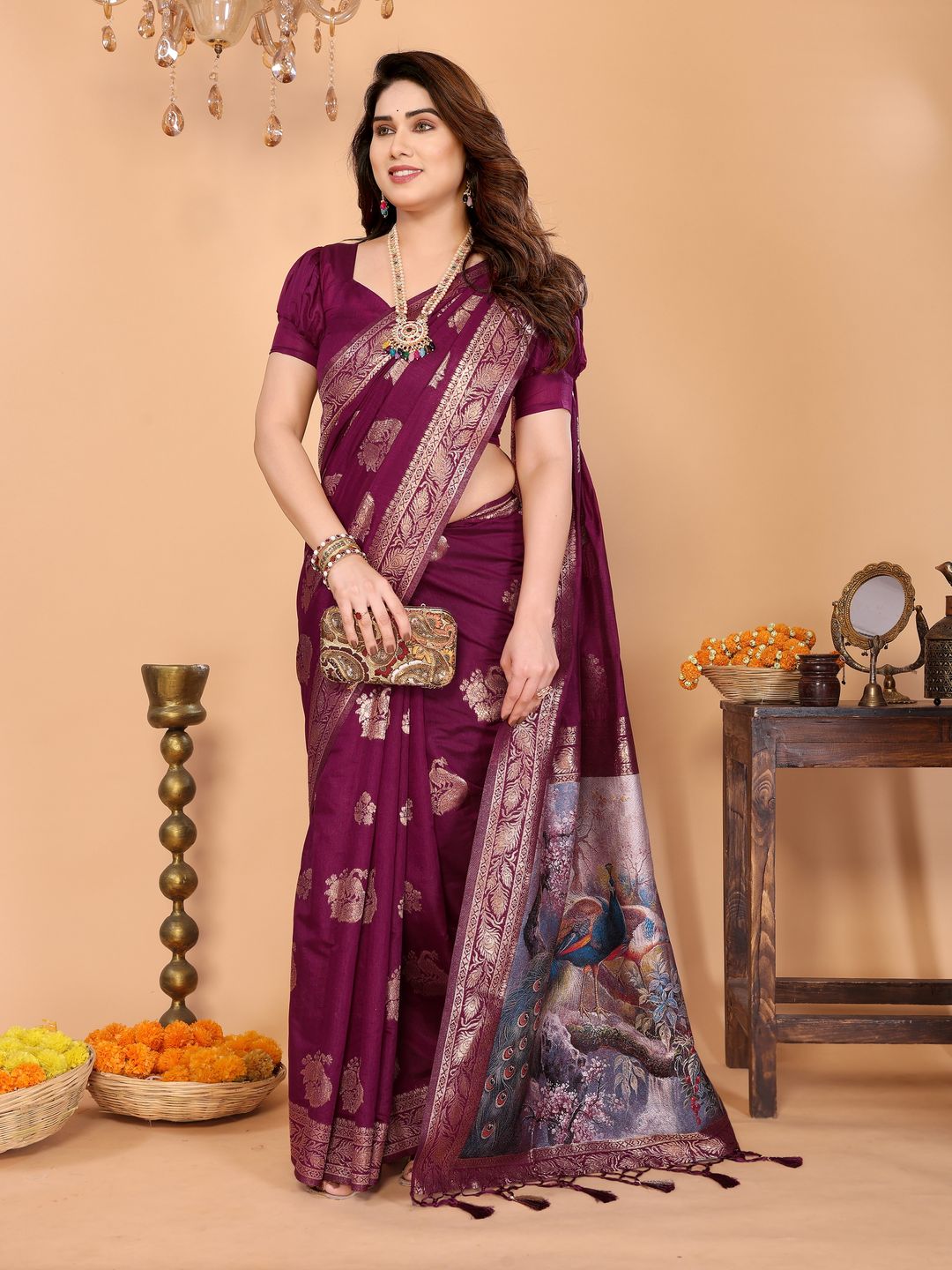 Wine Purple Banarasi Silk Saree with Golden Zari Peacock Pallu