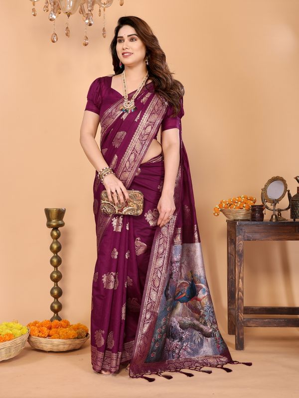Wine Purple Banarasi Silk Saree with Golden Zari Peacock Pallu