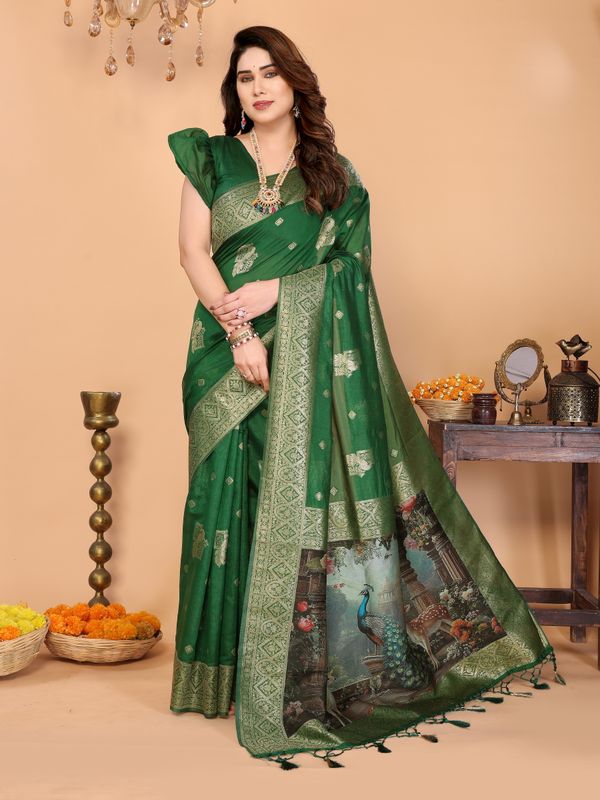 Emerald Green Banarasi Silk Saree with Peacock Deer Pallu