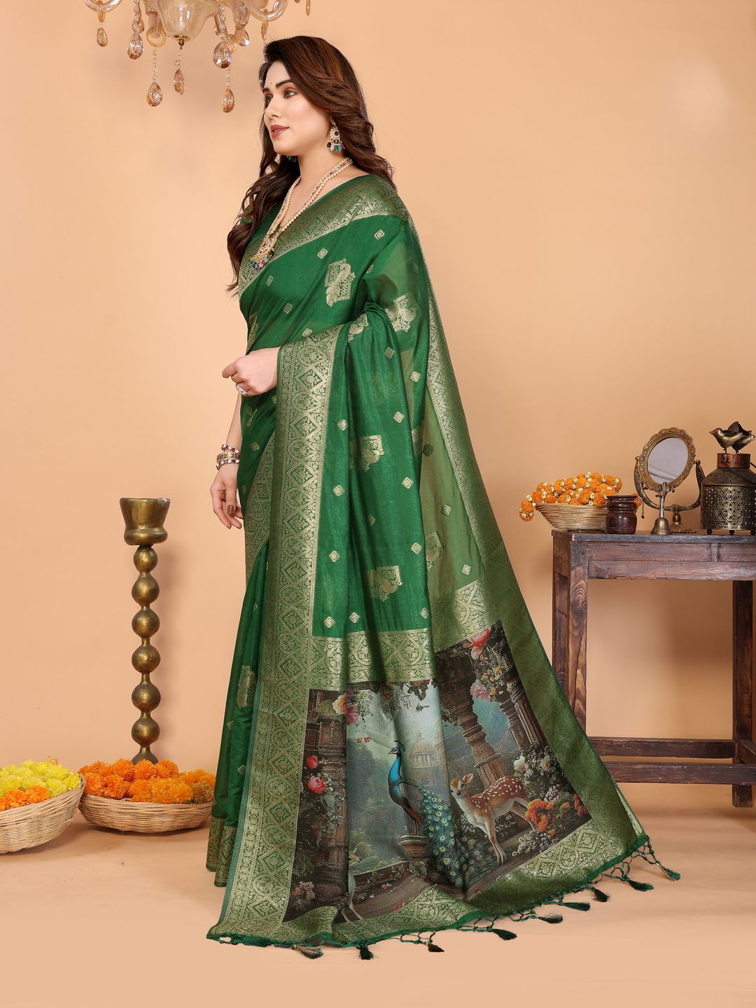 Emerald Green Banarasi Silk Saree with Peacock Deer Pallu