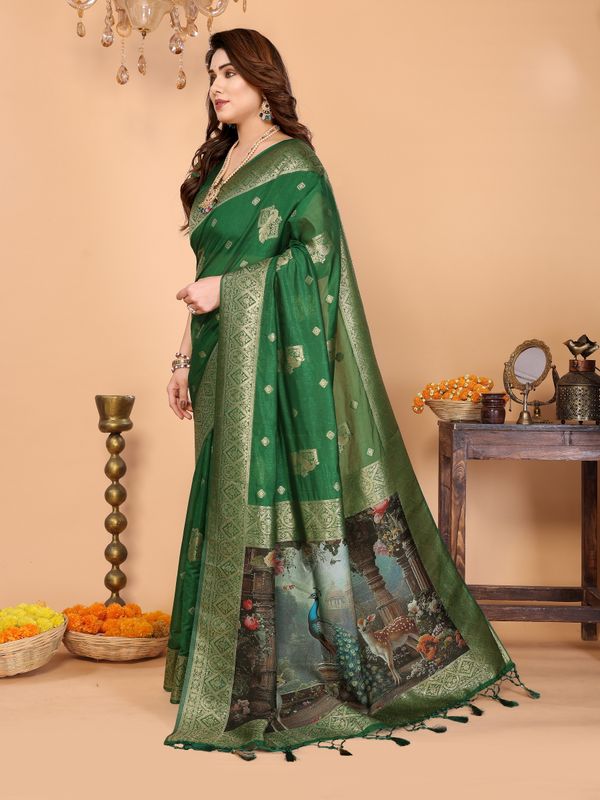 Emerald Green Banarasi Silk Saree with Peacock Deer Pallu
