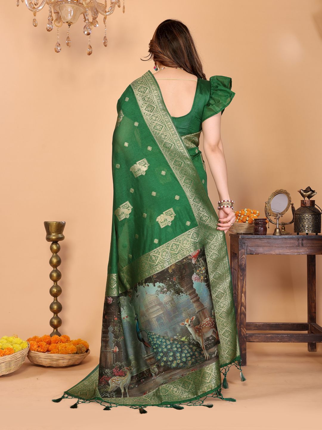 Emerald Green Banarasi Silk Saree with Peacock Deer Pallu