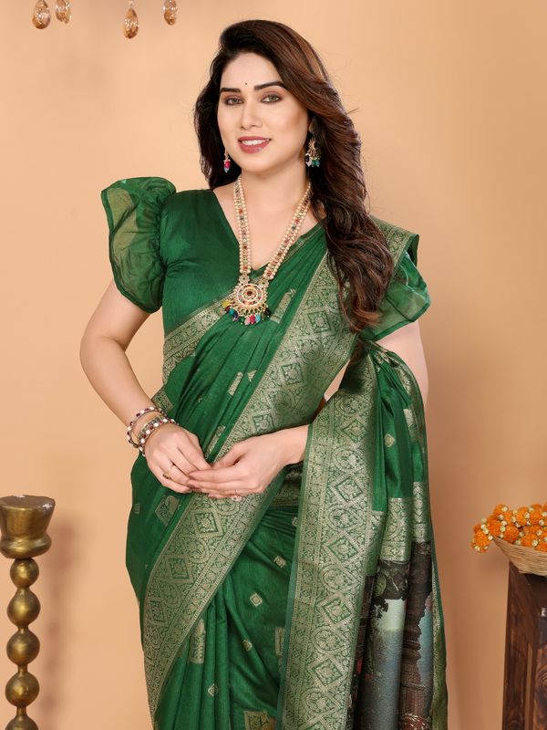 Emerald Green Banarasi Silk Saree with Peacock Deer Pallu