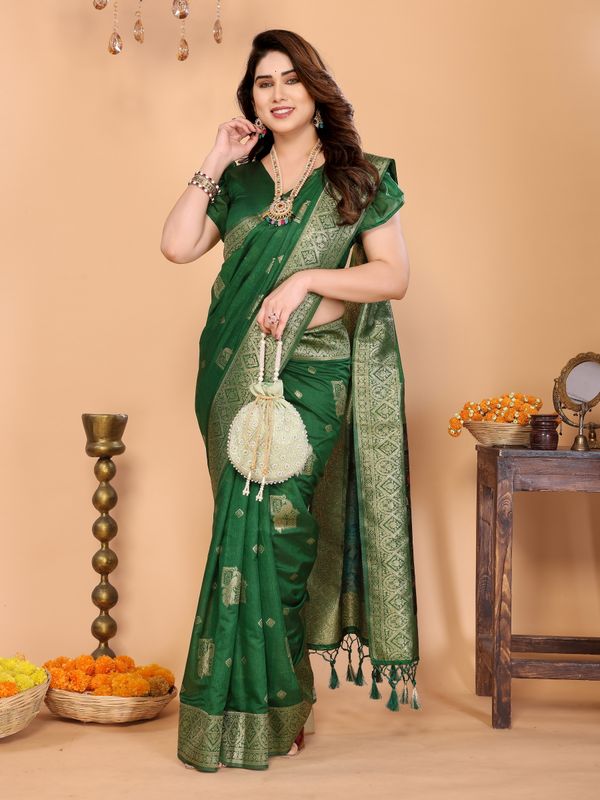 Emerald Green Banarasi Silk Saree with Peacock Deer Pallu