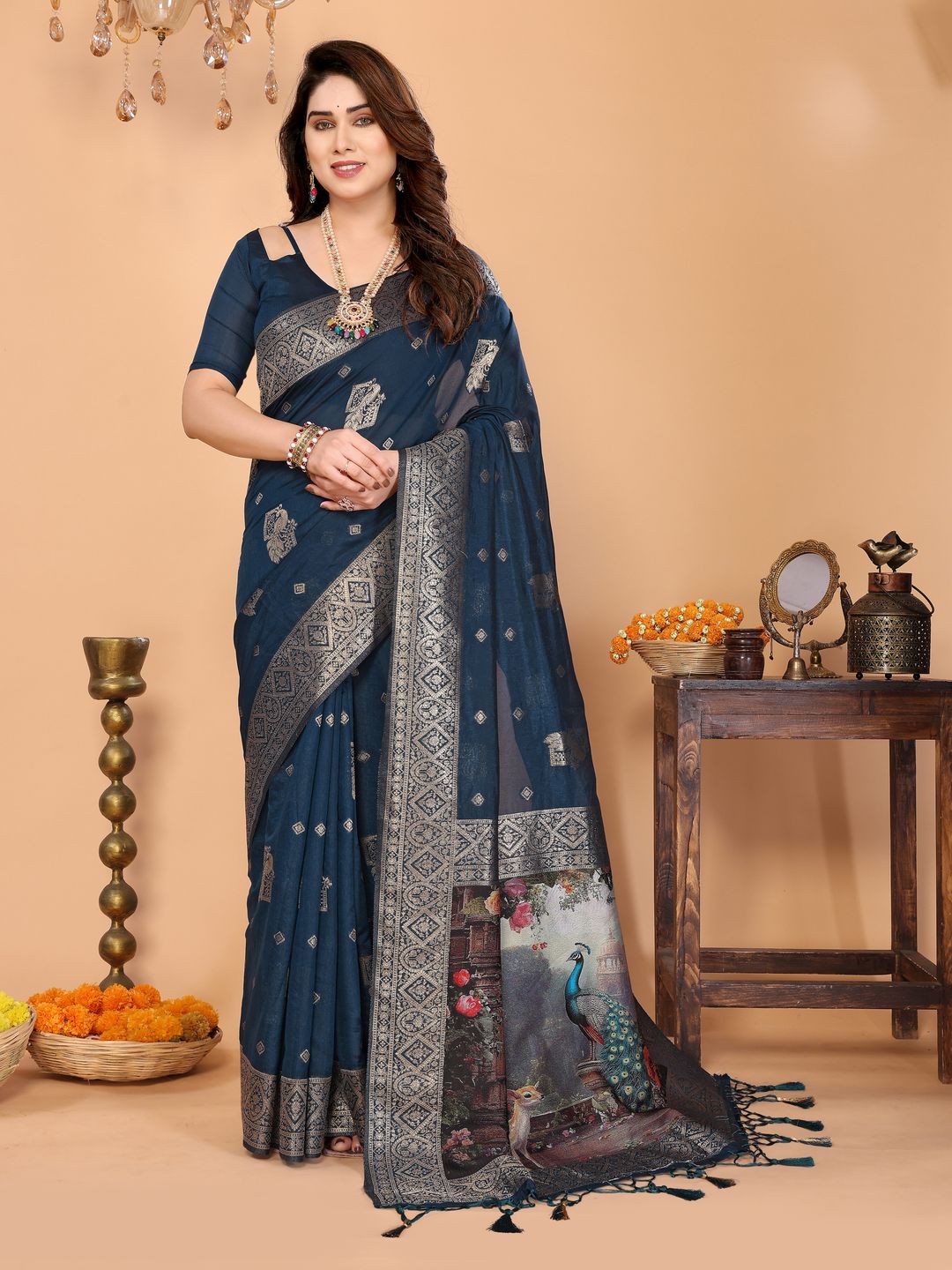 Peacock Blue Banarasi Silk Saree with Printed Pallu