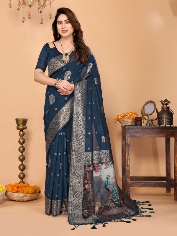 Peacock Blue Banarasi Silk Saree with Printed Pallu