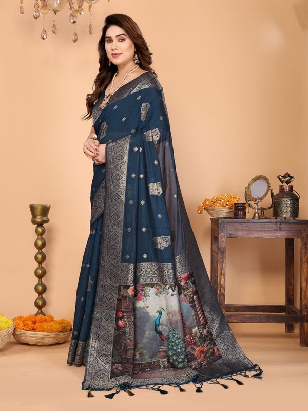 Peacock Blue Banarasi Silk Saree with Printed Pallu