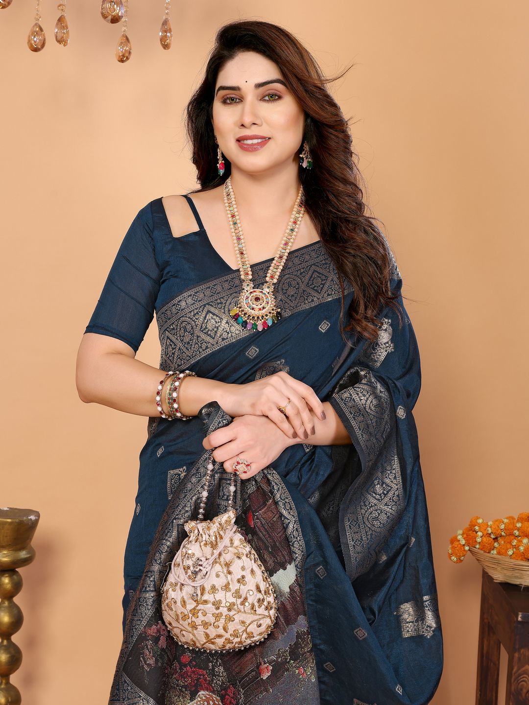 Peacock Blue Banarasi Silk Saree with Printed Pallu