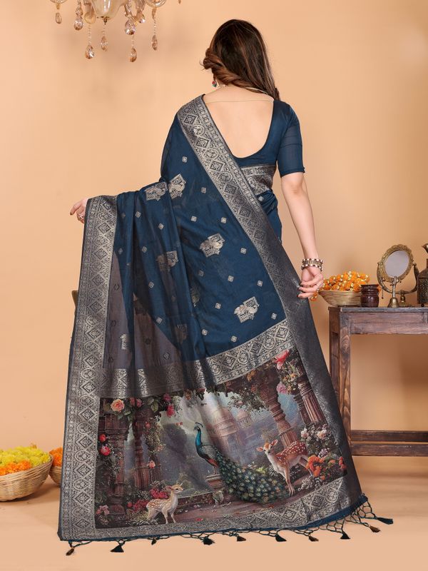 Peacock Blue Banarasi Silk Saree with Printed Pallu